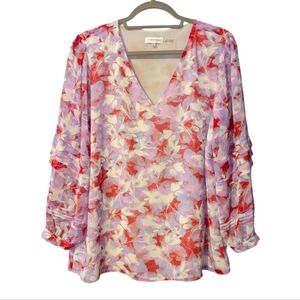 NWOT Calvin Klein Women's Lilac Red Floral Spring Blouse Tiered Ruffle Sleeves